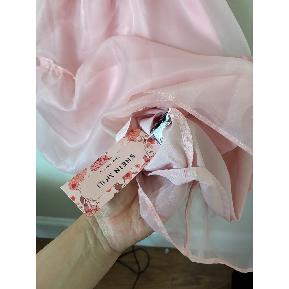 SHEIN MOD Pink Organza Bow Mini Dress Tiered Ruffle Smocked Back NWT L Feminine - Picture 3 of 4